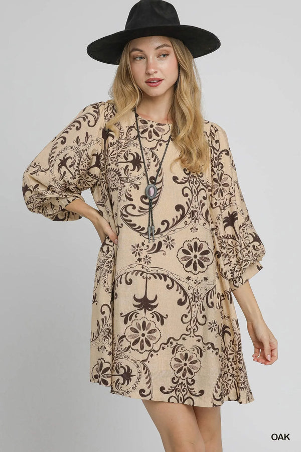 Umgee Boho Printed Balloon Sleeve Mini Dress
