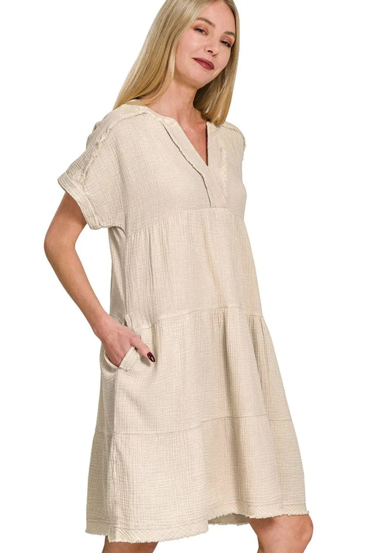 Zenana Washed Double Gauze Raw Edge V-neck Dress