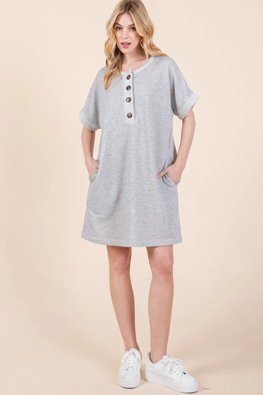 BOMBOM Casual Contrast Trim Henley Dress