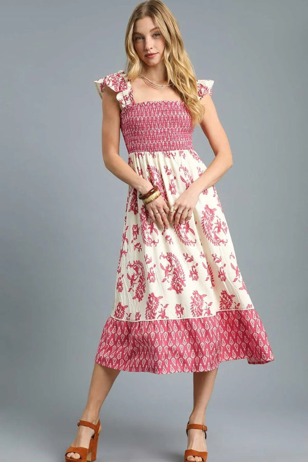 Umgee Printed Smocked Midi Dress with Ruffle Details