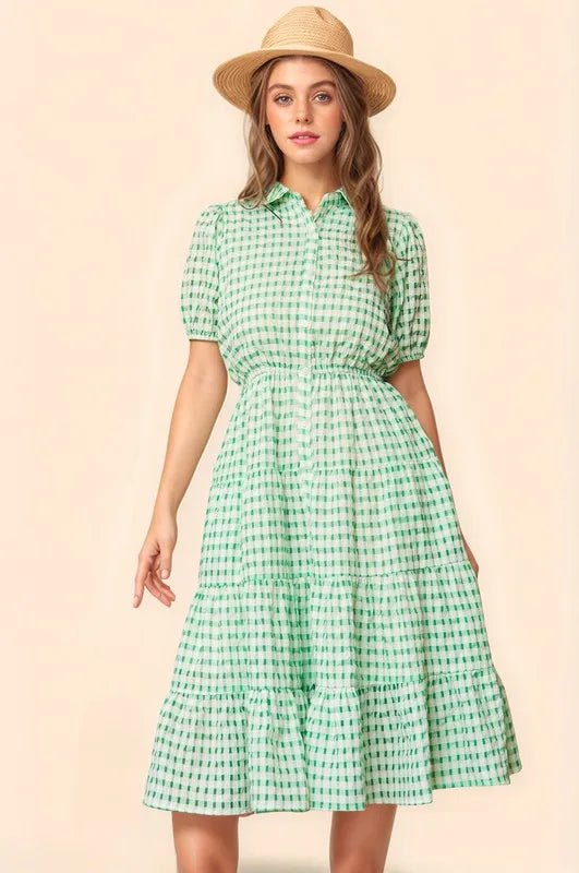 Davi & Dani Checkered Puff Sleeve Tiered Shirt Dress