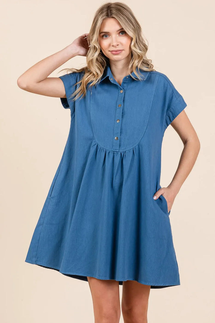 Mittoshop Twill Short Sleeve Collared Mini Dress