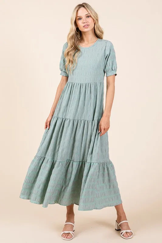 BOMBOM Textured Short Sleeve Tiered Dress