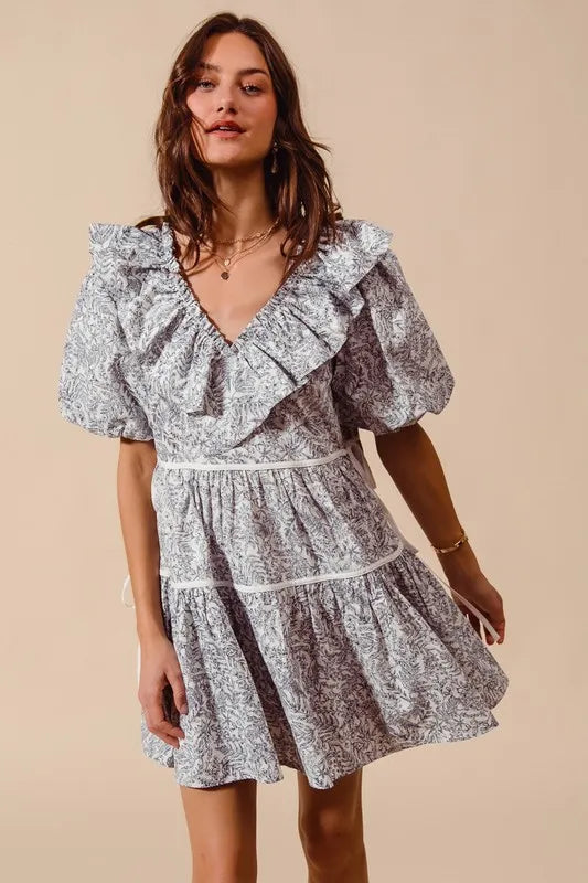 SO ME Cotton Printed Ruffle V Neckline Dress with Side Tie