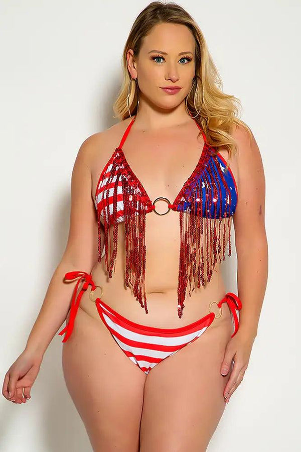 Flag Red Sequin Fringe O-Ring Plus Size Two Piece Swimsuit