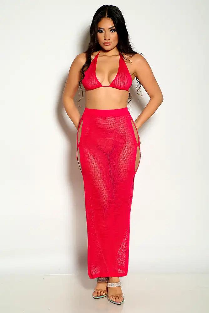 Fuchsia Halter Knitted Two Piece Dress