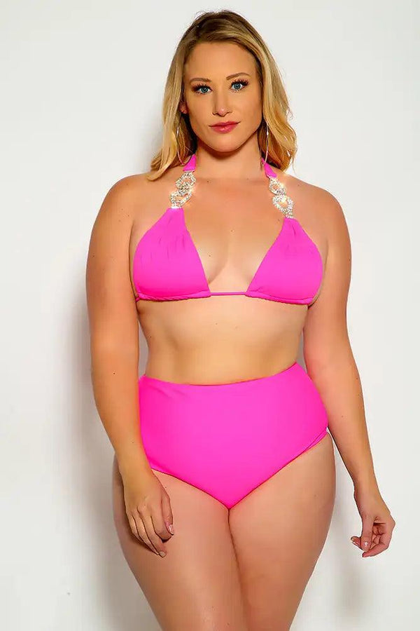 Fuchsia Halter Rhinestone Detail High Waist Plus Size Two Piece Swimsuit