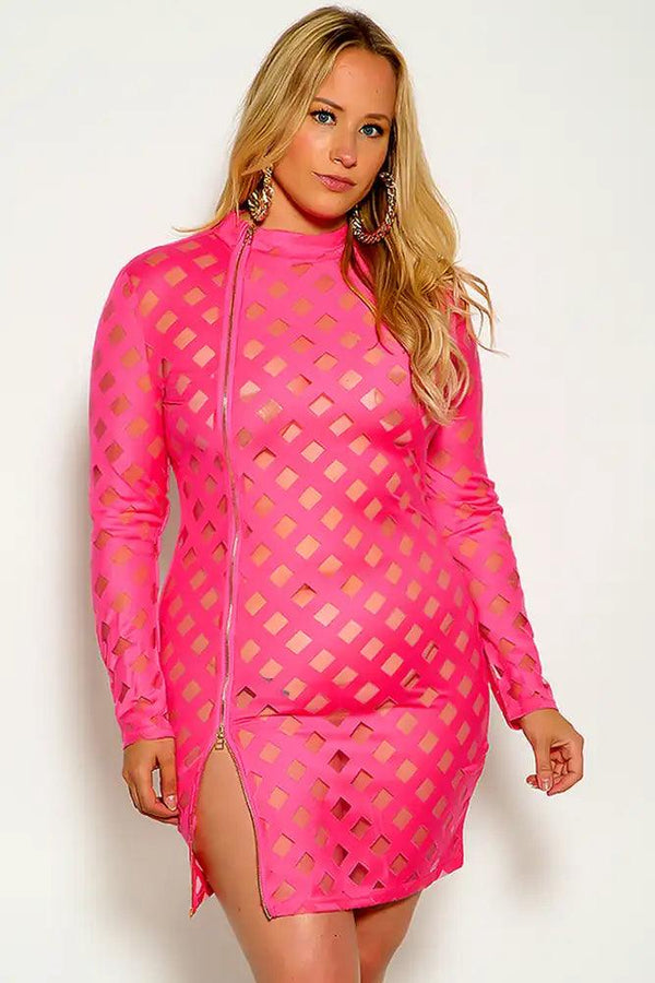 Fuchsia Long Sleeve Mock Neck Front Zipper Plus Size Party Dress