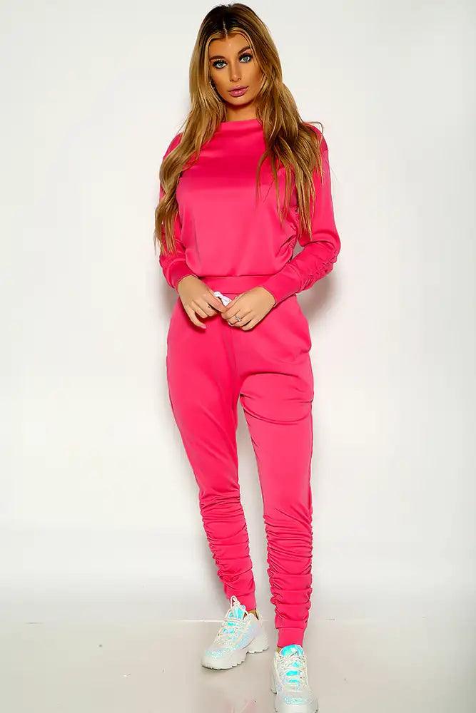 Fuchsia Long Sleeve Ruched Loungewear Two Piece Outfit