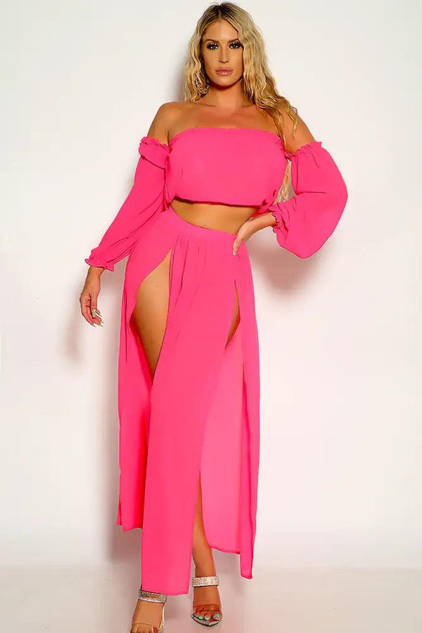 Fuchsia Off The Shoulder Cropped Maxi Two Piece Dress