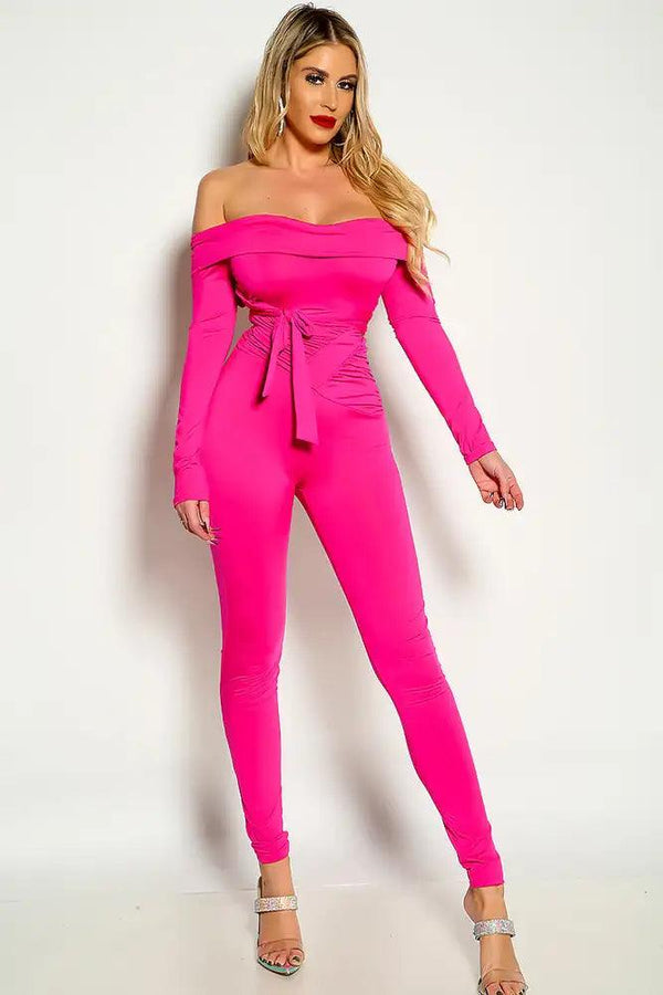Fuchsia Off The Shoulder Long Sleeve Strappy Fitted Jumpsuit