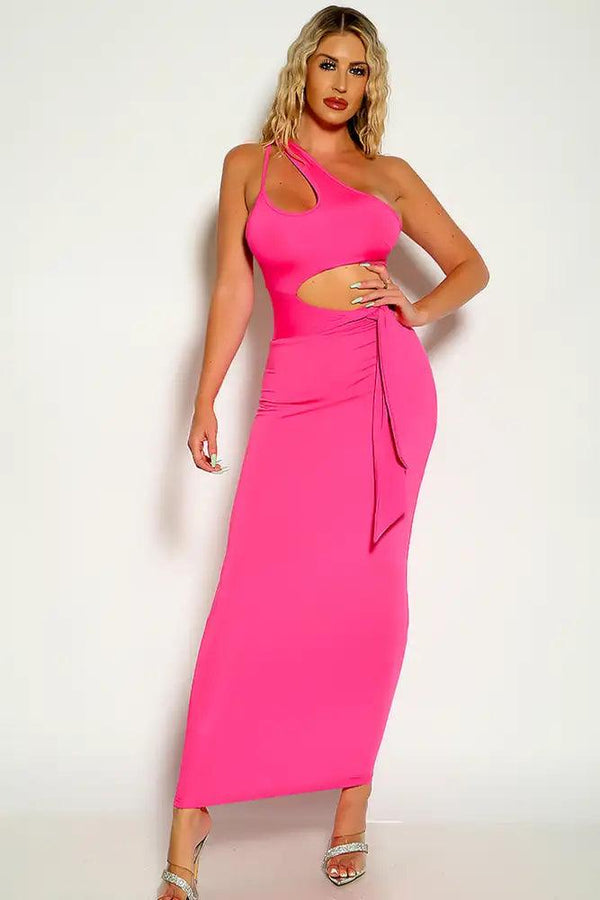 Fuchsia One Shoulder Side Tie Maxi Dress