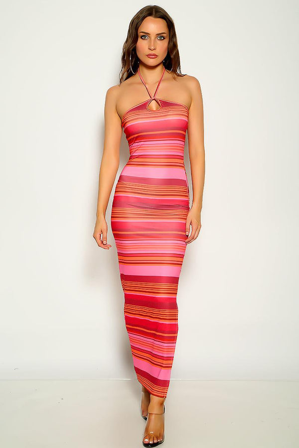 Fuchsia Orange Striped Sleeveless Sexy Maxi Party Dress