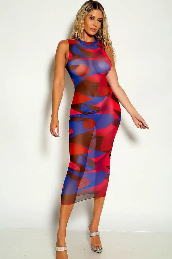 Fuchsia Sleeveless Mesh Round Neckline Dress