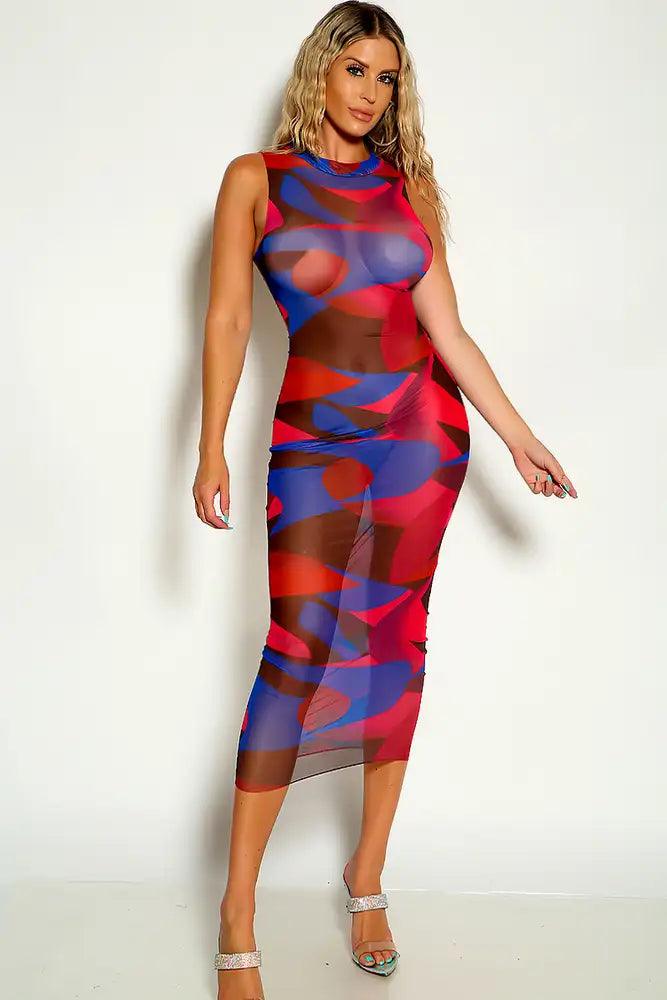 Fuchsia Sleeveless Mesh Round Neckline Dress