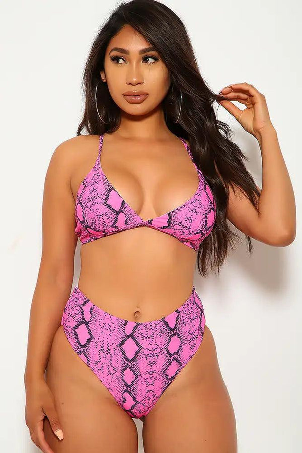 Fuchsia Snake Print High Waist Two Piece Swimsuit