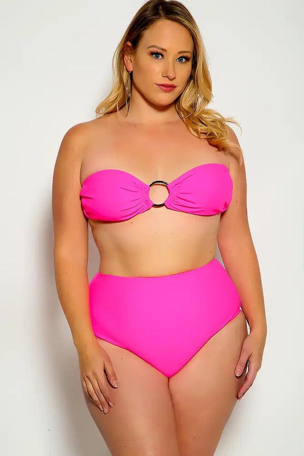 Fuchsia Strapless O-ring High Waist Two Piece Swimsuit