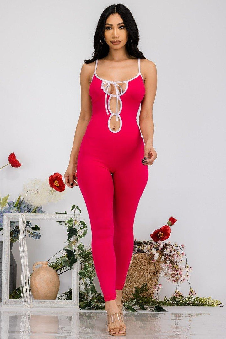 Fuchsia White Spaghetti Strap Jumpsuit