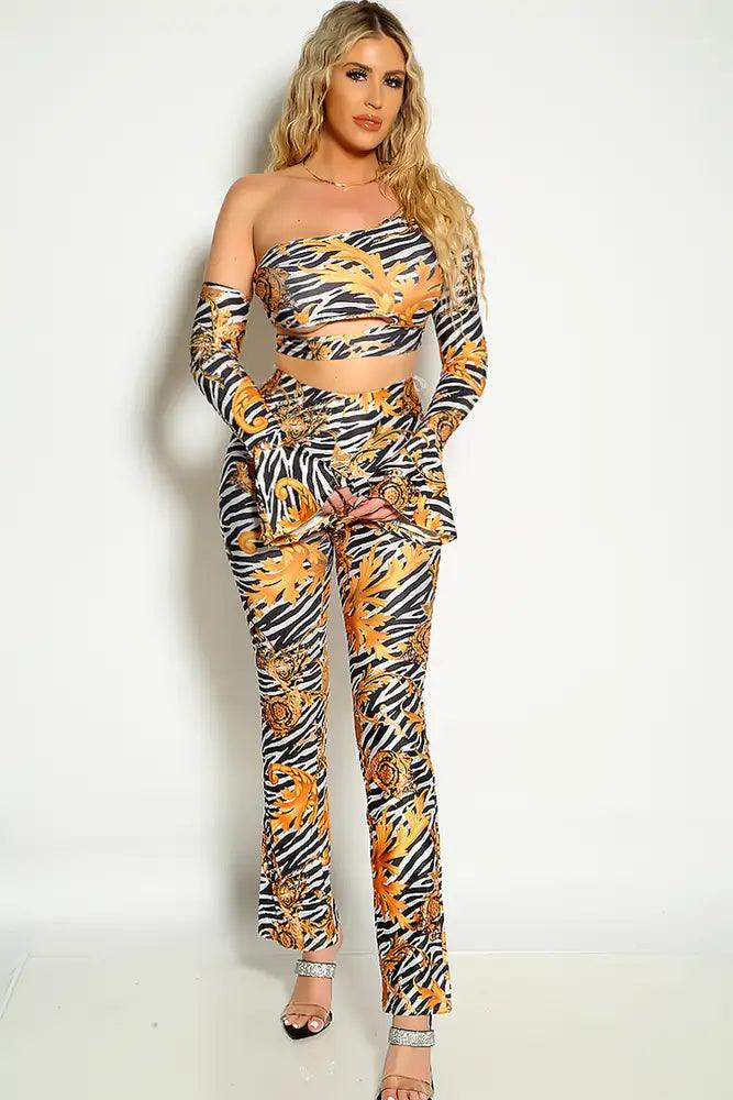 Gold Black Ivory Cold Shoulder Long Sleeve Cut Out Graphic Print Two Piece Outfit