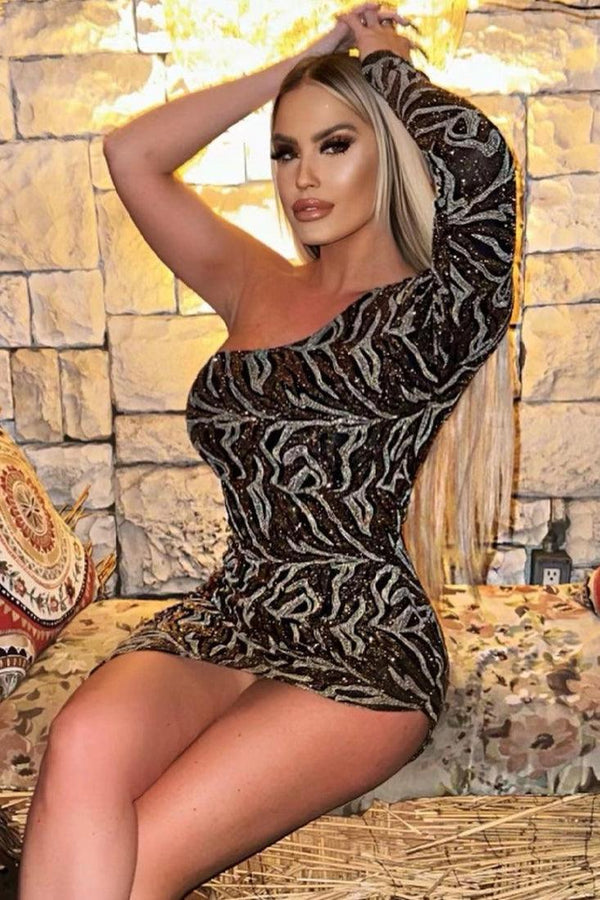 Gold Glitter One Shoulder Side Slit Sexy Party Dress