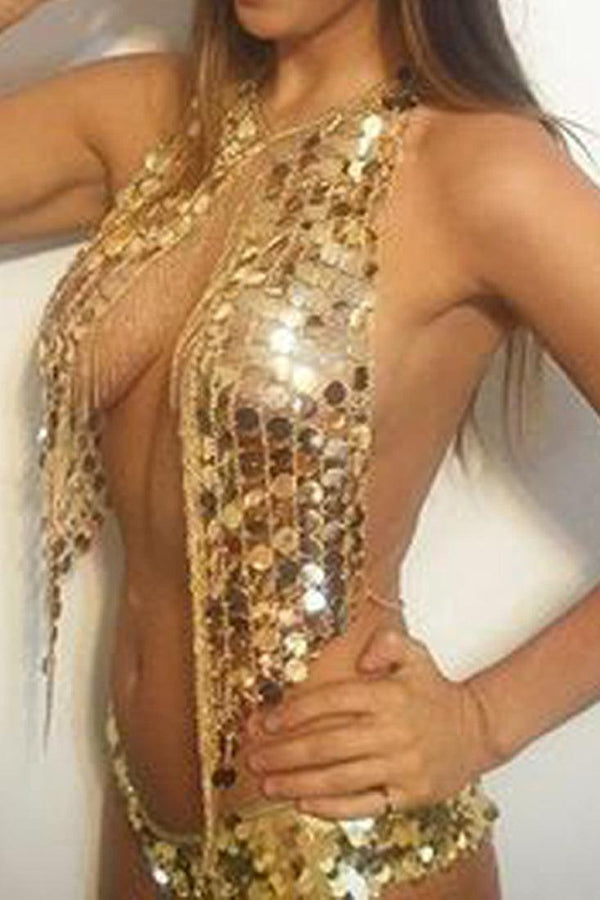 Gold Holographic Sequin Fringe Chain Top