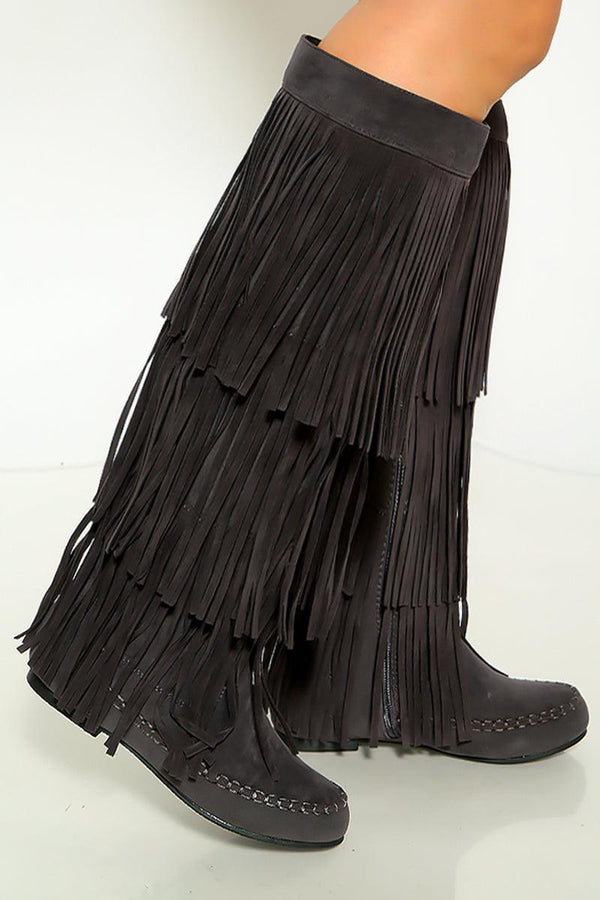 Gray Moccasin Fringe Knee High Suede Flat Boots