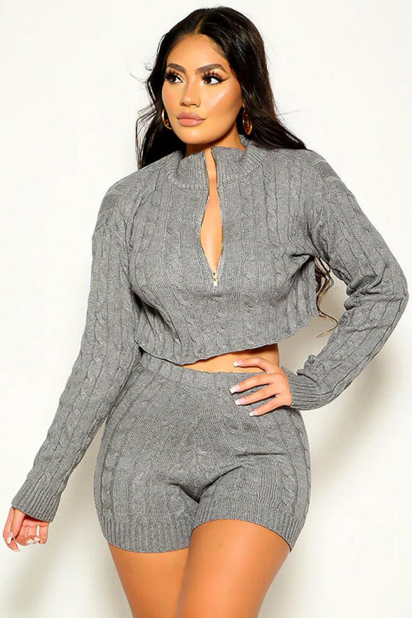 Grey Cable Knit Lounge Sexy 2 Pc Sweater Outfit
