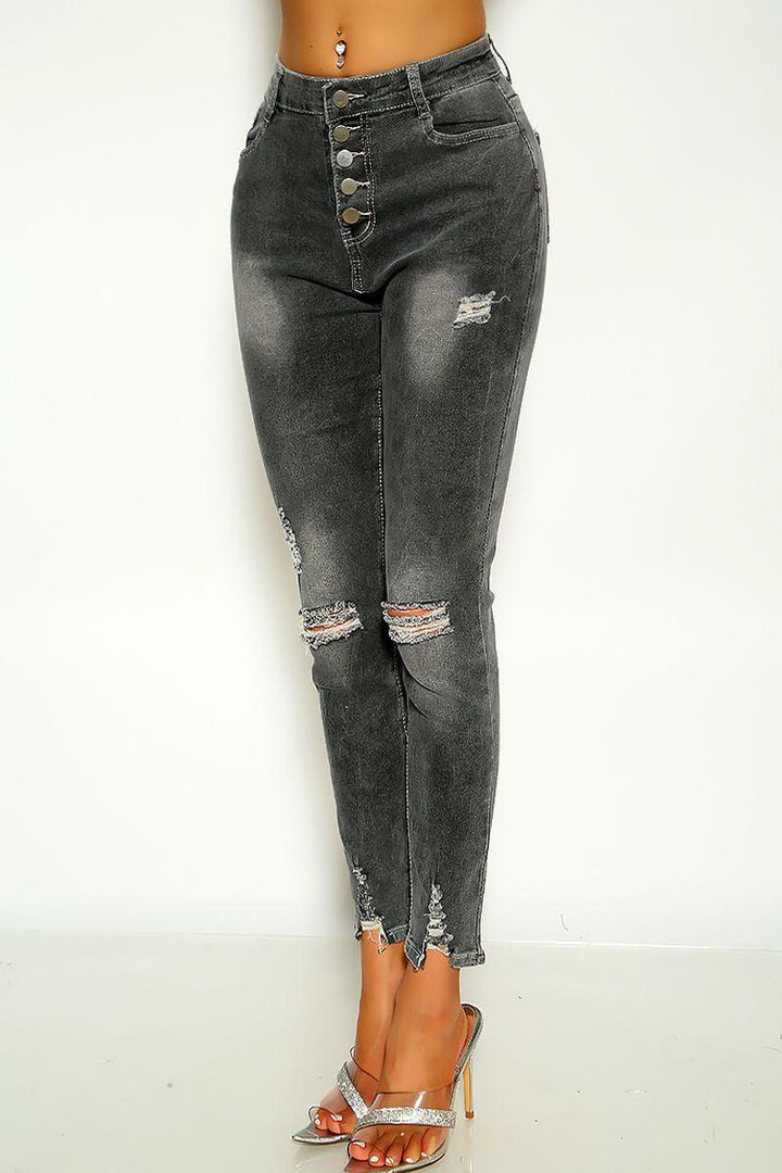 Grey High Waist Button Up Distressed Denim Skinny Jeans