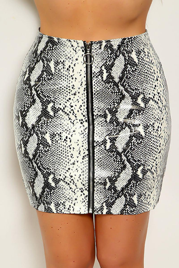 Grey Snake Print Faux Leather Zip Up Skirt