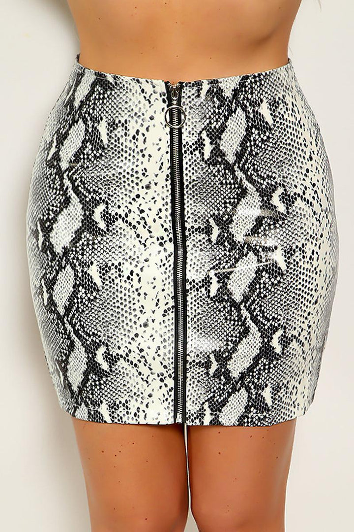 Grey Snake Print Faux Leather Zip Up Skirt