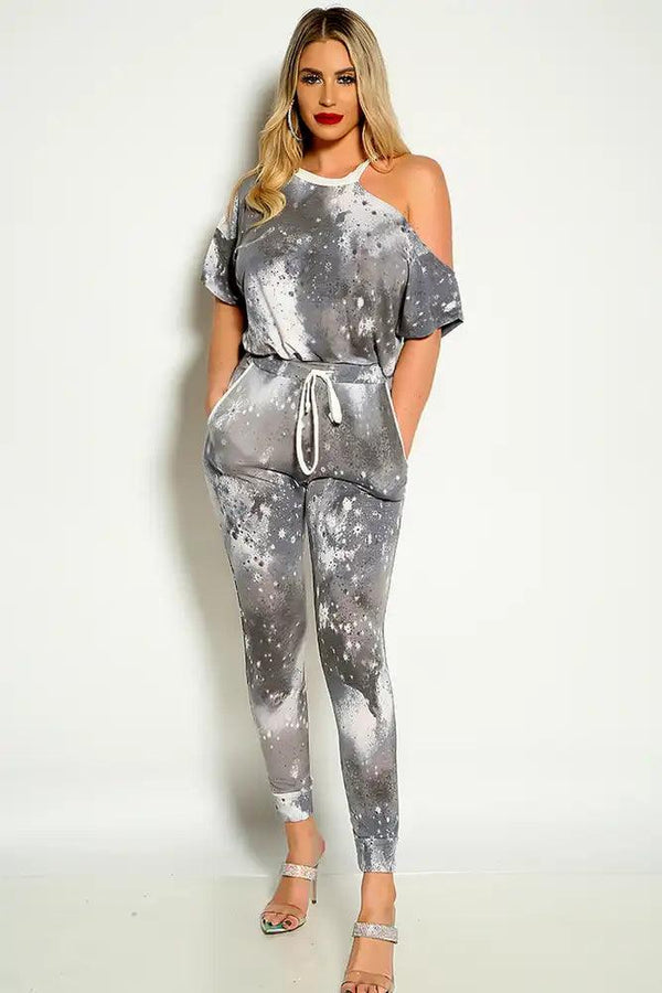 Grey White Short Sleeve Cold Shoulder TWo Piece Loungewear Outfit