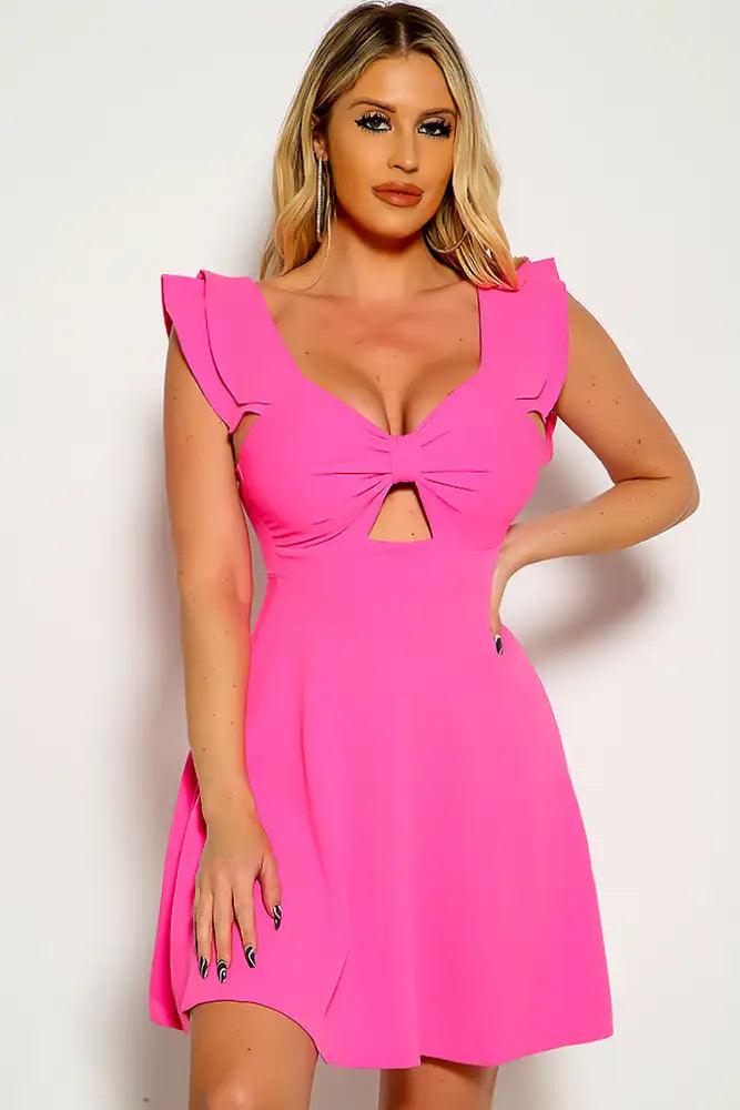 Hot Pink Ruffle Sleeve Key Hole A-Line Dress