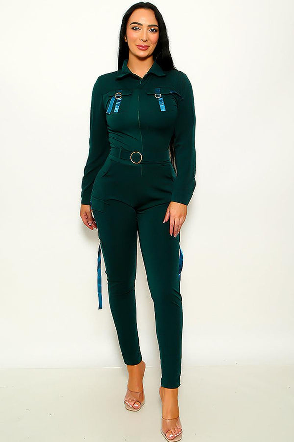 Hunter Green Zip Up Belted Jumpsuit