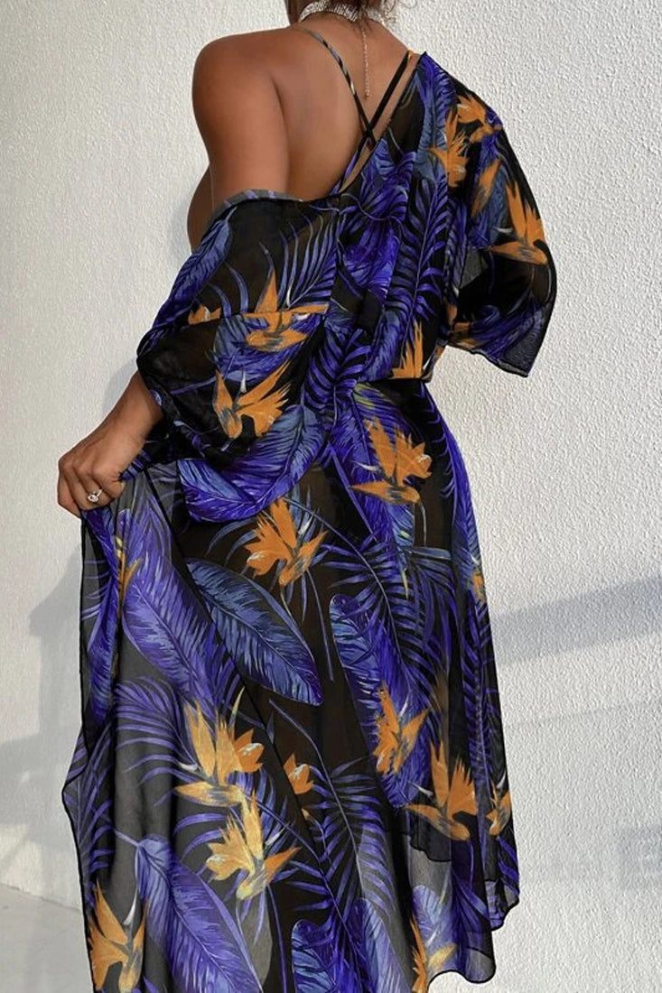 Black Yellow Tropical Print Two Piece Monokini Swim & Cover-up Set