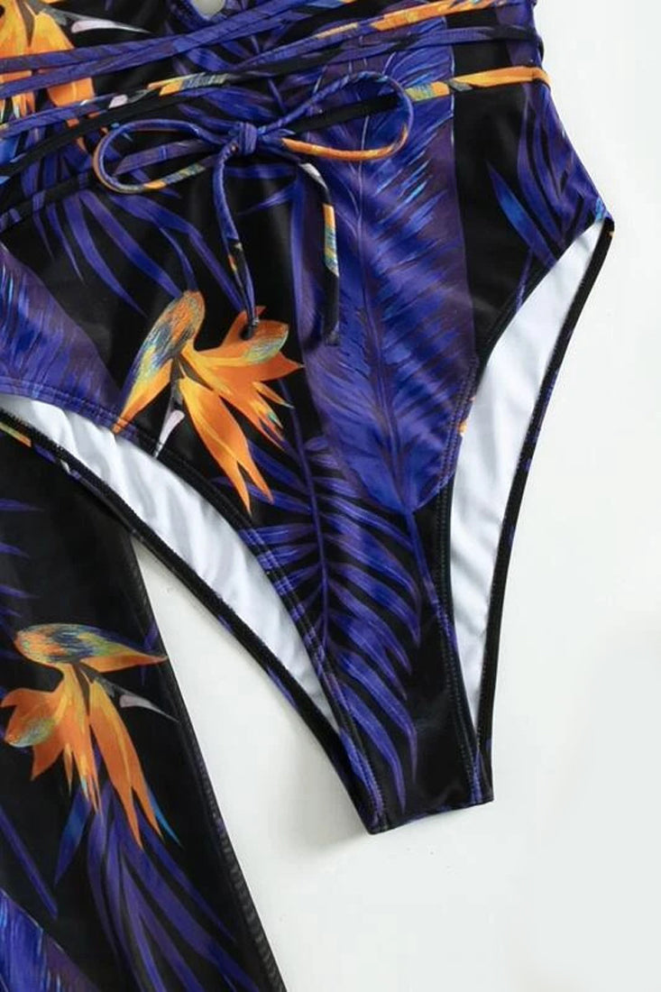 Black Yellow Tropical Print Two Piece Monokini Swim & Cover-up Set