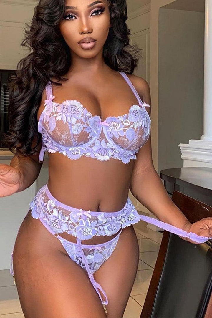 Lavender Floral Embroidered Mesh Underwire Sexy Lingerie 3 Pc Set