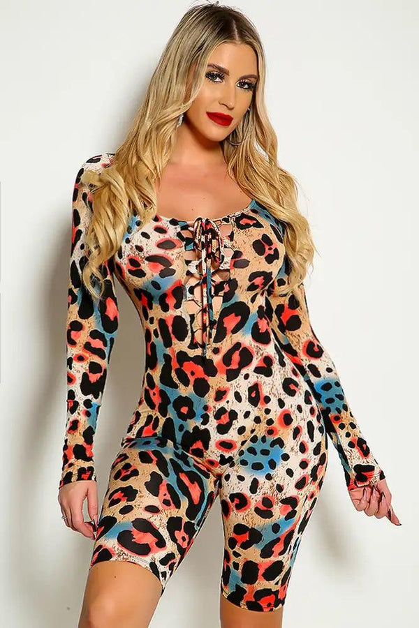 Leopard Multi Long Sleeve  Lace Up Fitted Romper