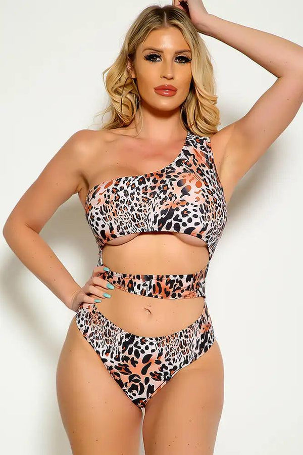 Leopard One Shoulder Sleeveless Cut Out One Piece Swimsuit