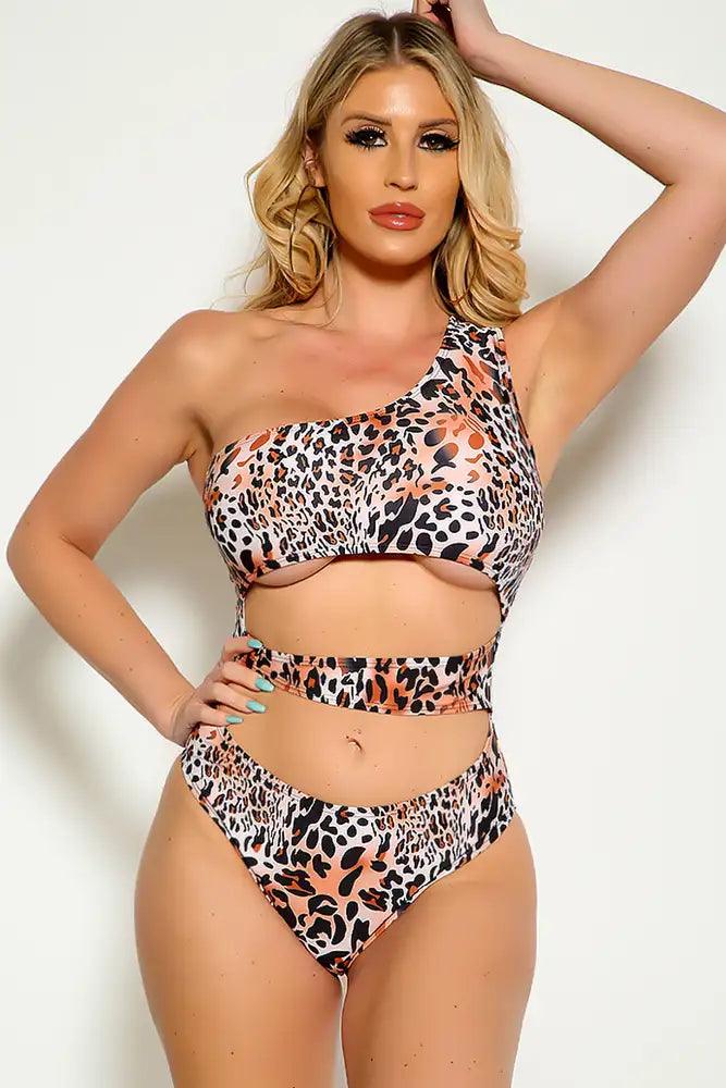 Leopard One Shoulder Sleeveless Cut Out One Piece Swimsuit