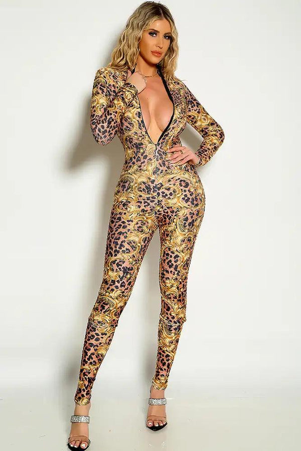 Leopard Print Gold Detail Long Sleeve Textured Fitted Jumpsuit