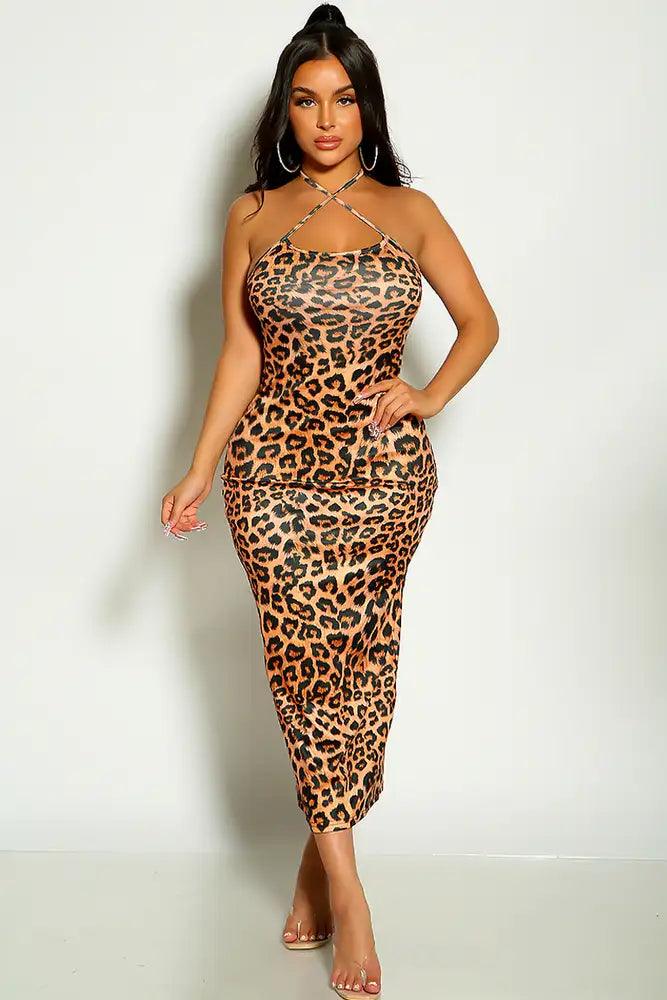 Leopard Print Halter Cross Strap Midi Dress