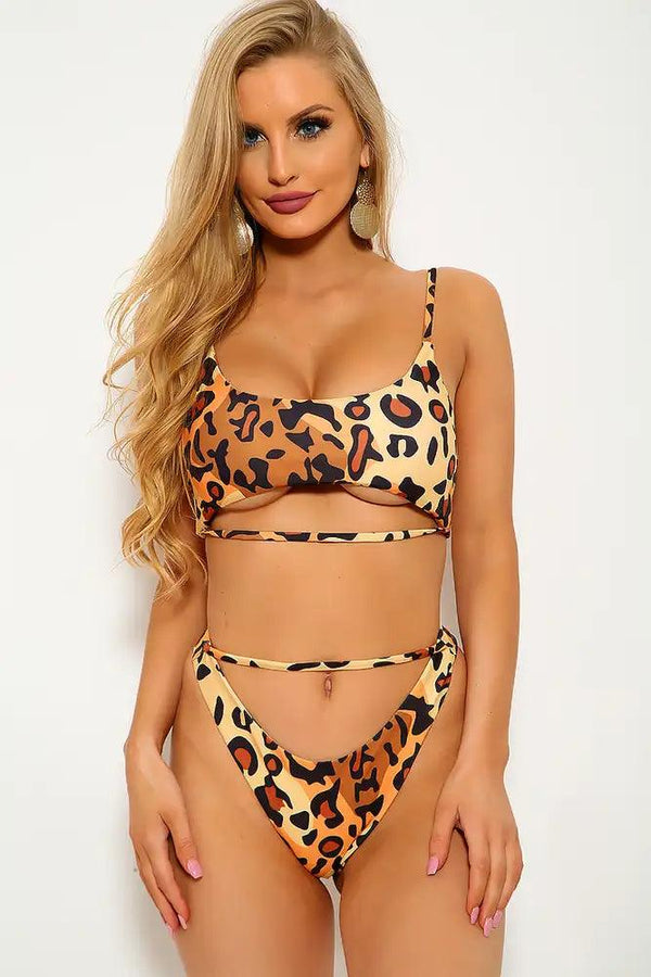 Leopard Print Two Piece Cut Out Strappy Swimsuit