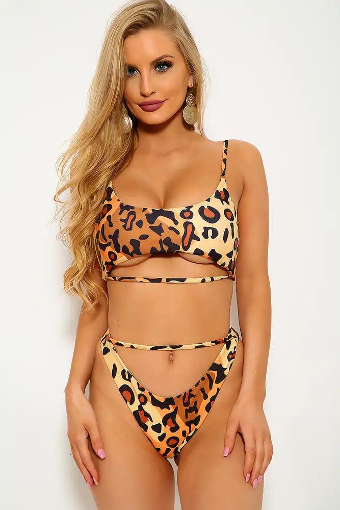 Leopard Print Two Piece Cut Out Strappy Swimsuit