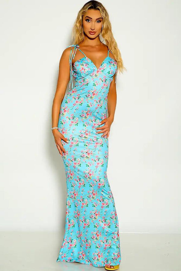 Light Blue Floral Print Tie Straps Maxi Dress