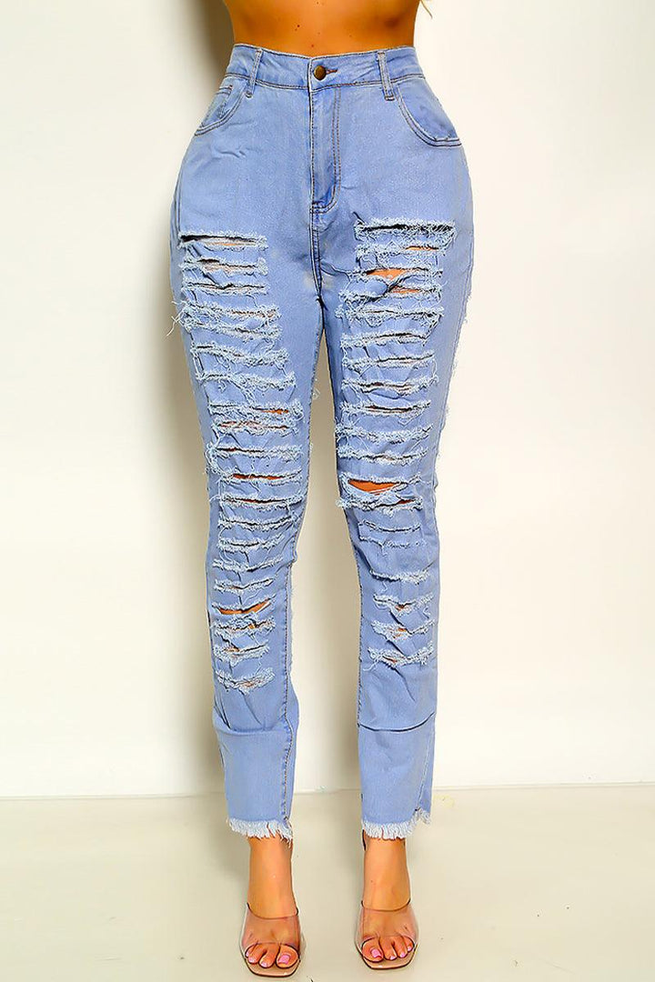 Light Blue Frayed Distressed Straight Jeans
