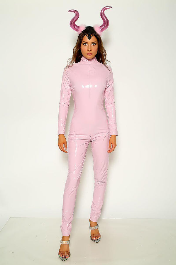 Light Pink Patent Leather Long Sleeve Jumpsuit