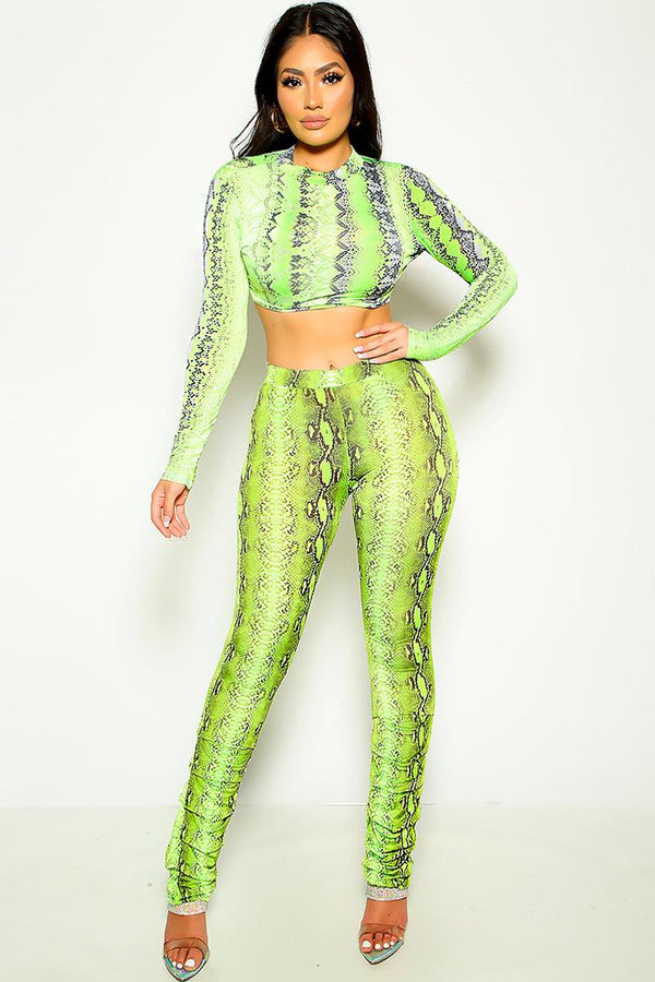 Lime Snake Print Long Sleeve Sexy 2 Pc Outfit
