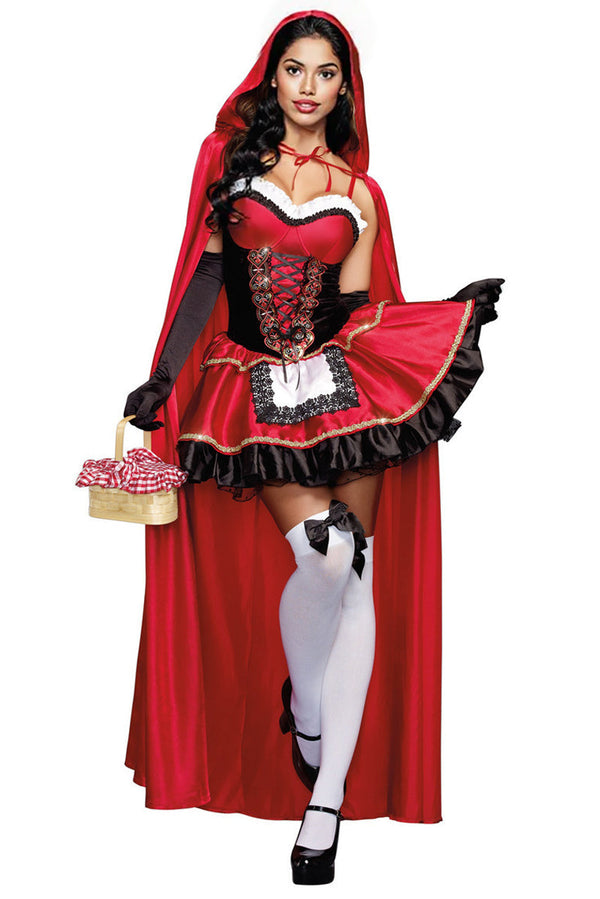 Little Red Black Ruffle Dress Cape Gloves Sexy 3Pc Riding Hood Costume