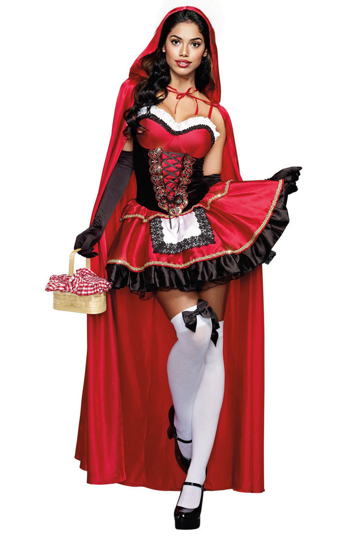 Little Red Black Ruffle Dress Cape Gloves Sexy 3Pc Riding Hood Costume