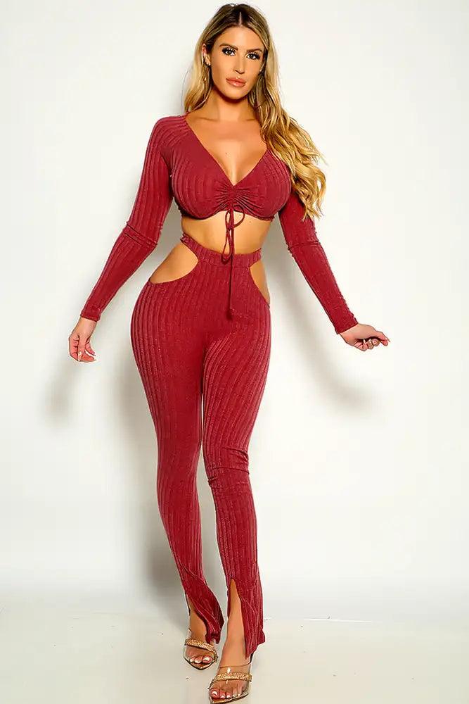 Mauve Long Sleeve Front Ruched Cut Out Two Piece Outfit